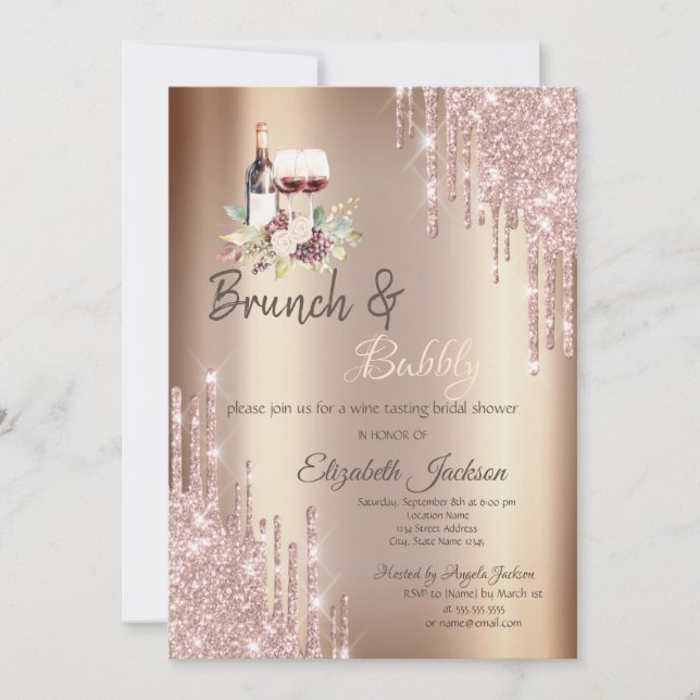 Chic Glitter Drips Wine Grapes Bridal Shower Invitation (Front)
