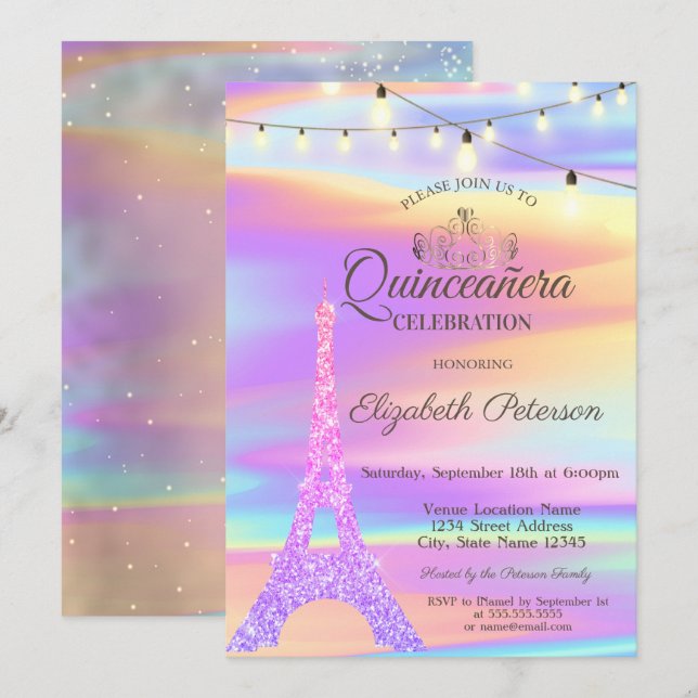 Chic Glitter Eiffel Tower Holographic Quinceañera  Invitation (Front/Back)