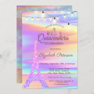 Chic Glitter Eiffel Tower Holographic Quinceañera Invitation