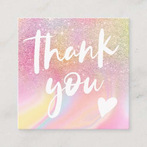 Chic glitter girly rainbow marble pastel thank you square business card