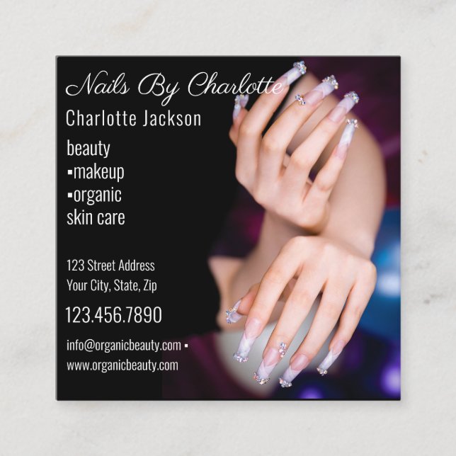 Chic Glitter Glam Nail Art Manicure Salon QR Code Square Business Card (Front)