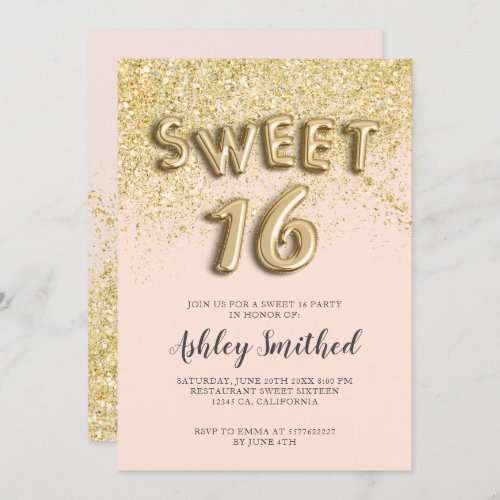 Chic glitter gold letters blush pink sweet sixteen invitation