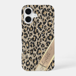 Chic Glitter Leopard Pattern Monogram iPhone 16 Case