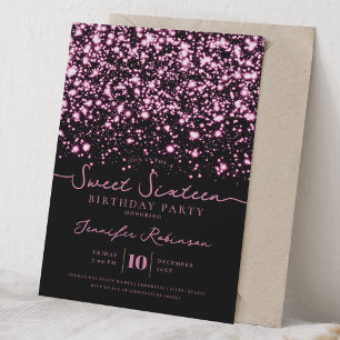 Chic Glitter Lights Sweet 16 Birthday Hot Pink Invitation