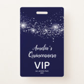 Chic Glitter on Navy Quinceañera Invite VIP Pass Badge (Front)