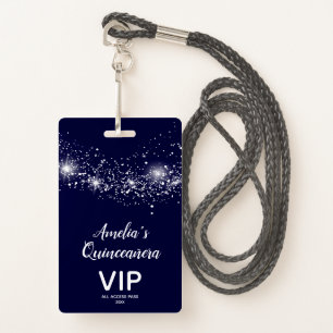 Chic Glitter on Navy Quinceañera Invite VIP Pass Badge