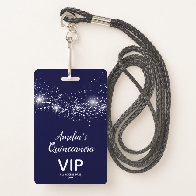 Chic Glitter on Navy Quinceañera Invite VIP Pass Badge (Front with Lanyard)