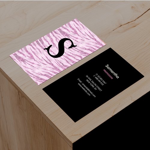 Chic glitter pink animal print monogram  business card