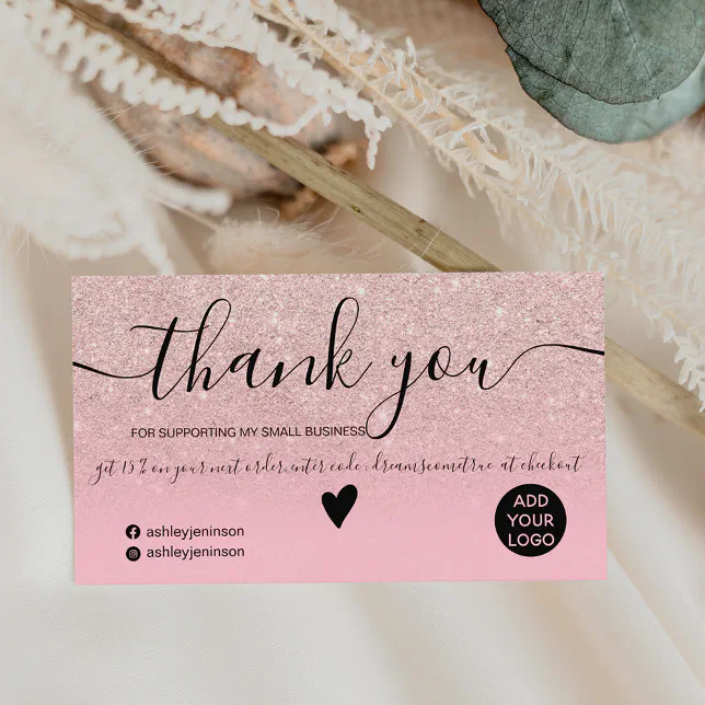 Chic glitter pink ombre pastel order thank you business card | Zazzle