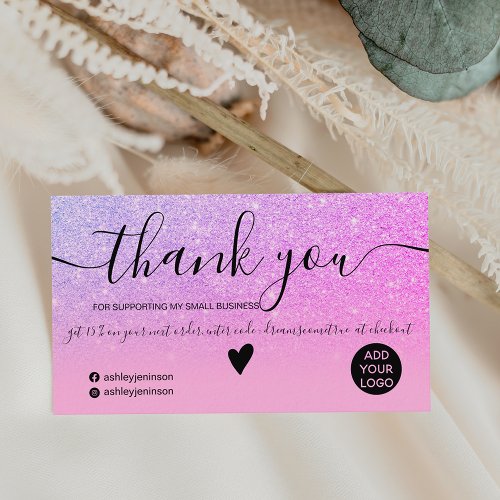 Chic glitter pink ombre purple order thank you business card