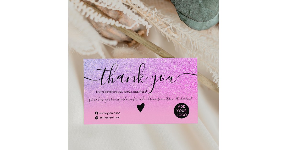 Chic glitter pink ombre purple order thank you business card | Zazzle