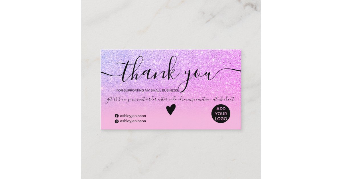Chic glitter pink ombre purple order thank you business card | Zazzle.com