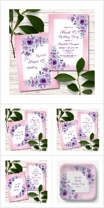 Chic Glitter Pink Purple Roses Floral Birthday