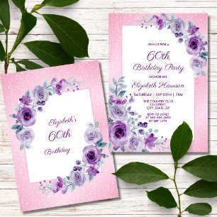 Chic Glitter Pink Purple Roses Floral Birthday Invitation