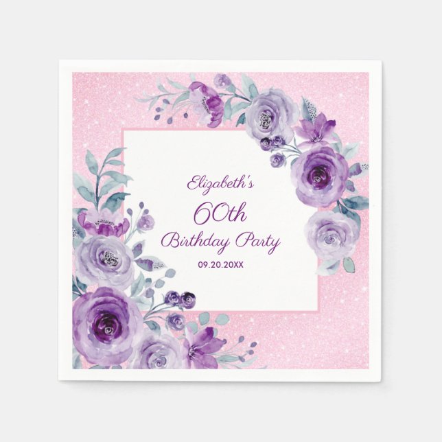 Chic Glitter Pink Purple Roses Floral Birthday  Napkins (Front)