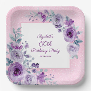 Chic Glitter Pink Purple Roses Floral Birthday Paper Plates