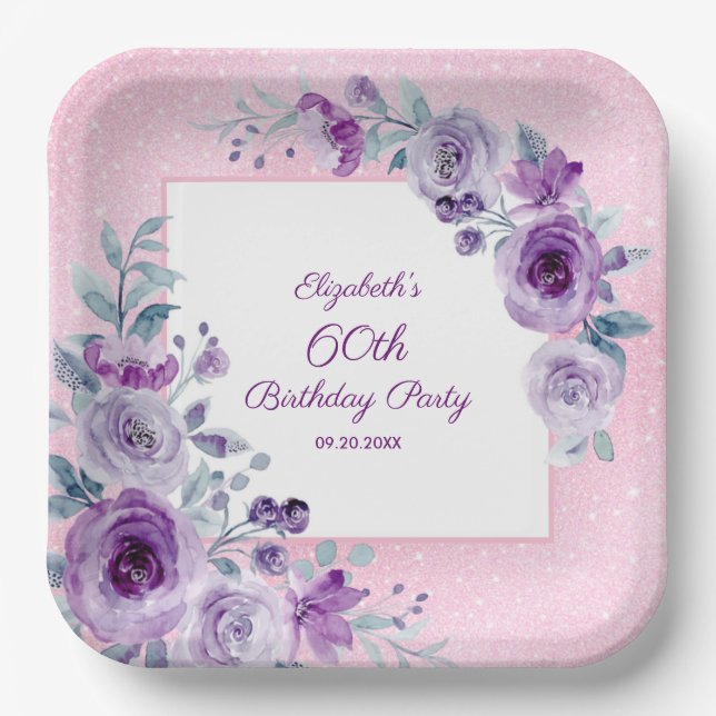 Chic Glitter Pink Purple Roses Floral Birthday  Paper Plates (Front)
