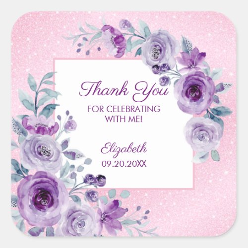 Chic Glitter Pink Purple Roses Floral Birthday  Square Sticker
