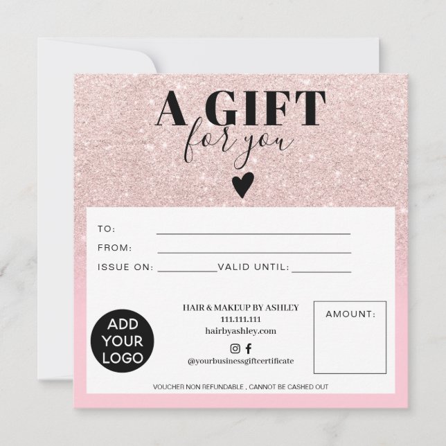 Chic glitter pink square gift certificate logo (Front)