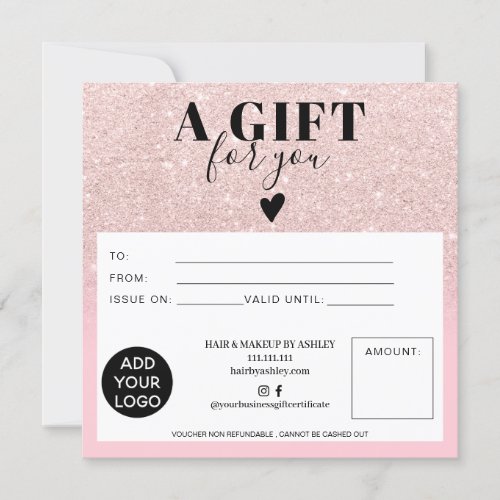 Chic glitter pink square gift certificate logo