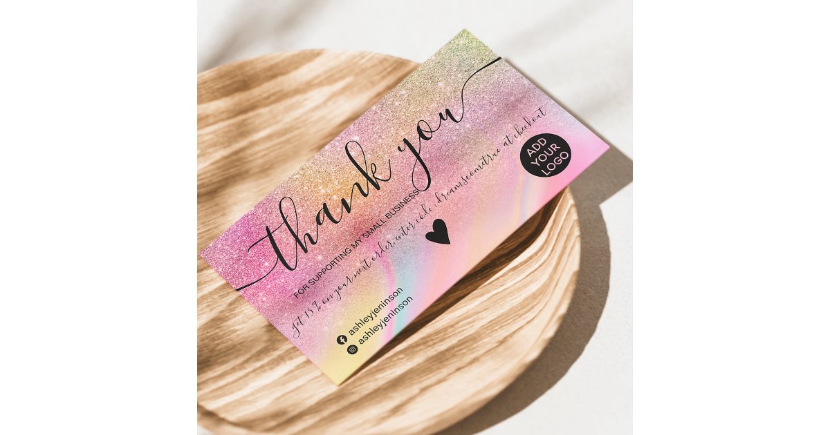 Chic glitter rainbow marble order thank you business card | Zazzle
