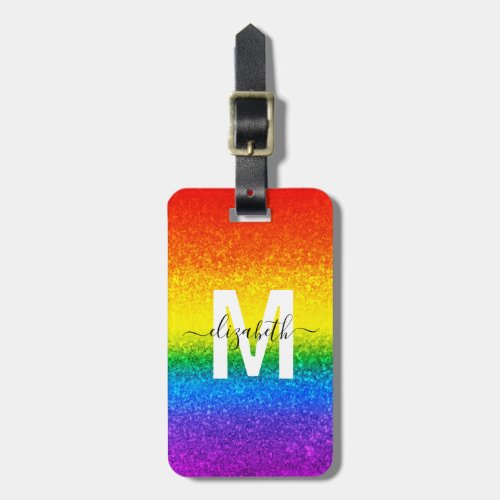 Chic Glitter Rainbow Stripes Monogram Name Luggage Tag
