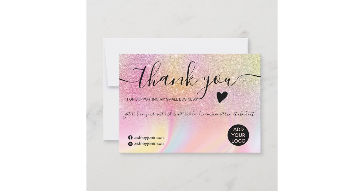 Chic glitter rainbow unicorn marble thank you card | Zazzle