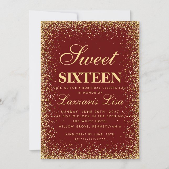 Chic Glitter Sweet Sixteen 16 Burgundy Birthday  Invitation (Front)