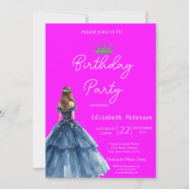 Chic Glitter Tiara Blue Dress Neon Pink Birthday Invitation (Front)