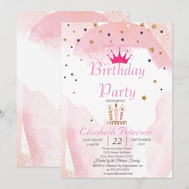 Chic Glitter Tiara,Candles, Stars Birthday Party Invitation (Front/Back)