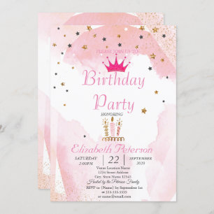 Chic Glitter Tiara,Candles, Stars Birthday Party Invitation