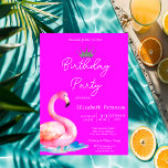 Chic Glitter Tiara Flamingos Neon Pink Birthday Invitation<br><div class="desc">Silver glitter tiara,  and pink flamingos on neon pink background birthday party invitation.</div>