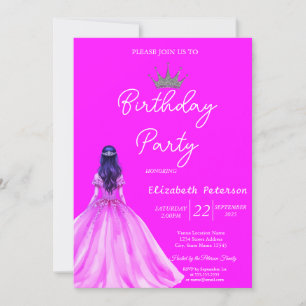 Chic Glitter Tiara Girl Dress Neon Pink Birthday Invitation