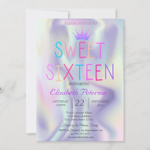 Chic Glitter Tiara Holographic Colorful Sweet 16 Invitation
