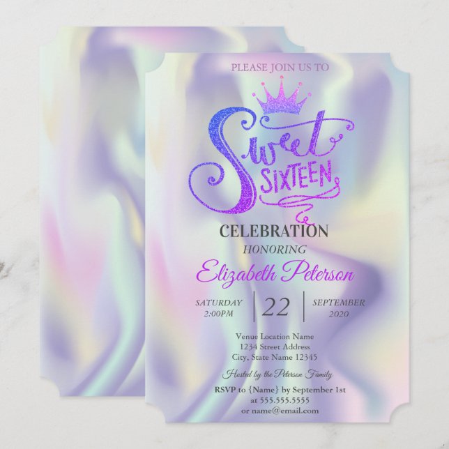 Chic Glitter Tiara Holographic Sweet 16 Party Invitation (Front/Back)