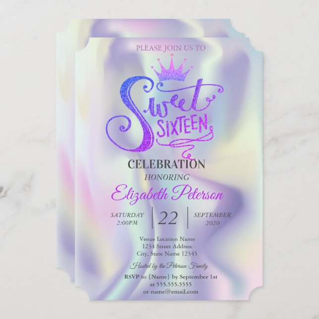 Chic Glitter Tiara Holographic Sweet 16 Party Invitation (Front/Back)