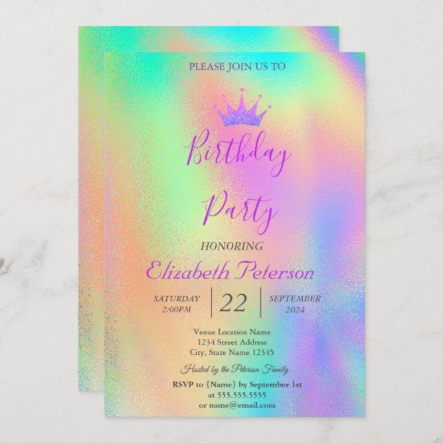 Chic Glitter Tiara Rainbow Holographic Birthday Invitation (Front/Back)