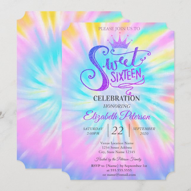 Chic Glitter Tiara Tie Dey Sweet 16 Party  Invitation (Front/Back)