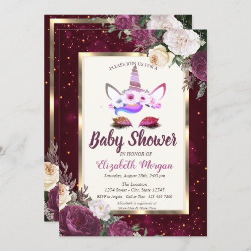 Chic Glitter UnicornBurgundy Floral Baby Shower Invitation