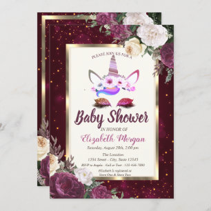 Chic Glitter Unicorn,Burgundy Floral Baby Shower Invitation