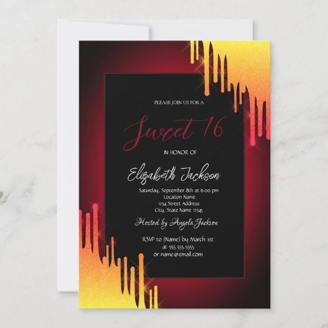 Chic Glitter Yellow Drips,Red  Invitation (Front)