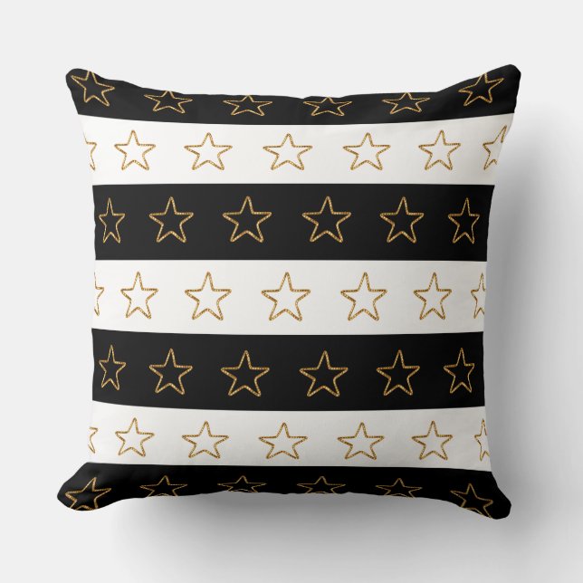 Chic Glittering Stars on Black & White Striped Throw Pillow (Front)