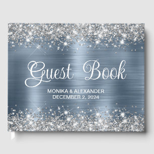 Chic Glittery Dusty Blue Foil Wedding Guest Book