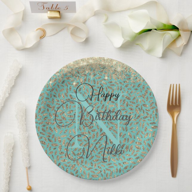 Chic Glittery Feathers Monogram Birthday Paper Plates (Wedding)