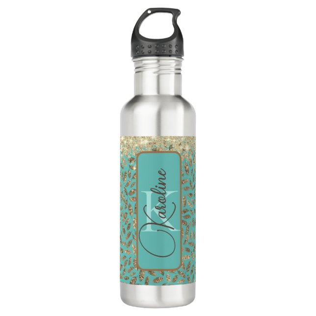 Chic Glittery Feathers Monogram      Stainless Steel Water Bottle (Front)