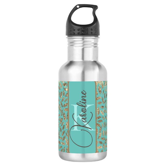 Chic Glittery Feathers Monogram      Stainless Steel Water Bottle (Front)