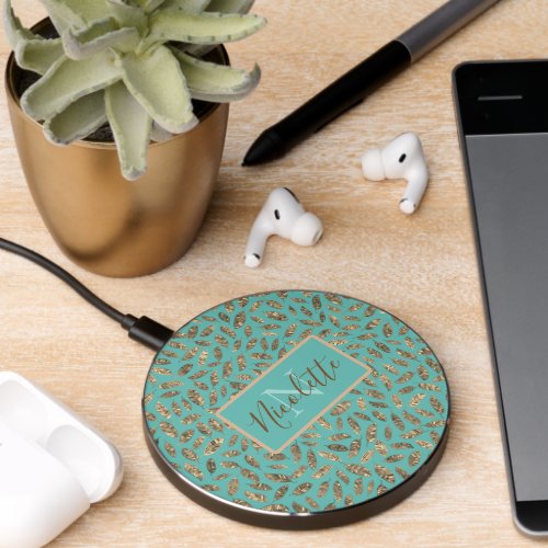 Chic Glittery Feathers Monogram      Wireless Charger