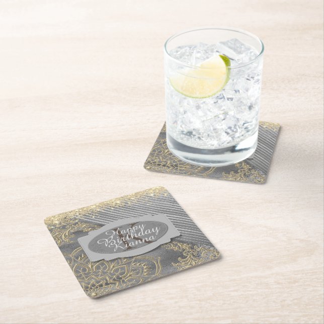 Chic Glittery Mandala Monogram        Square Paper Coaster (Insitu)