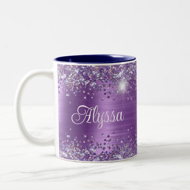 Chic Glittery Purple Amethyst Glam Name Two-Tone Coffee Mug (Left)