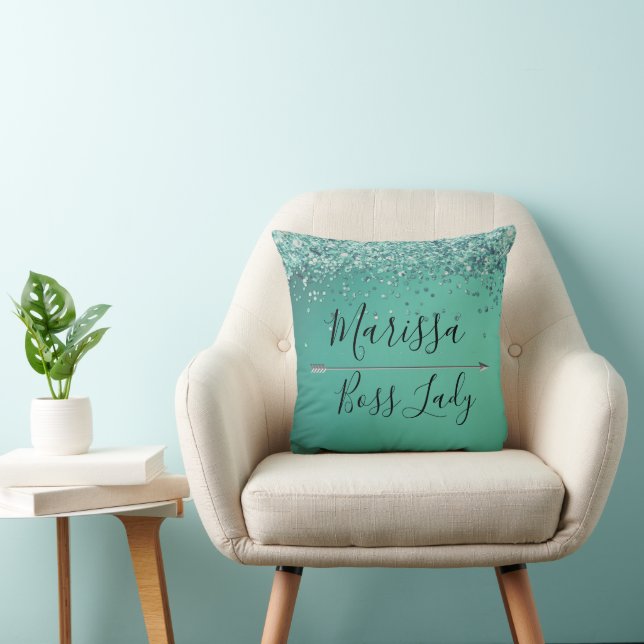 Chic Glittery Turquiose  Boss Lady Personalized Throw Pillow (Chair)